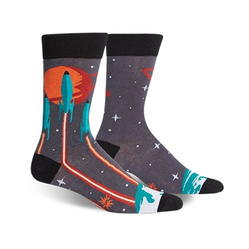 mens gray crew socks feature vibrant rockets launching from earth amid a universe of stars and planets.  