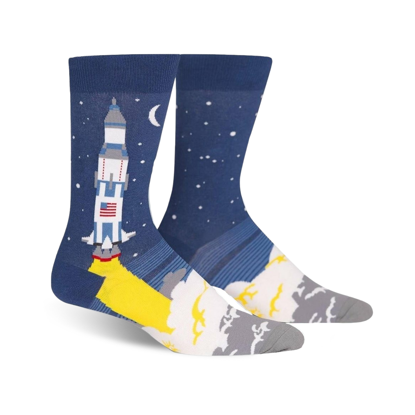 A pair of men's crew socks; one sock shows a rocket launching, the other shows a starry night sky.  Colors are navy blue, yellow, white, and gray.