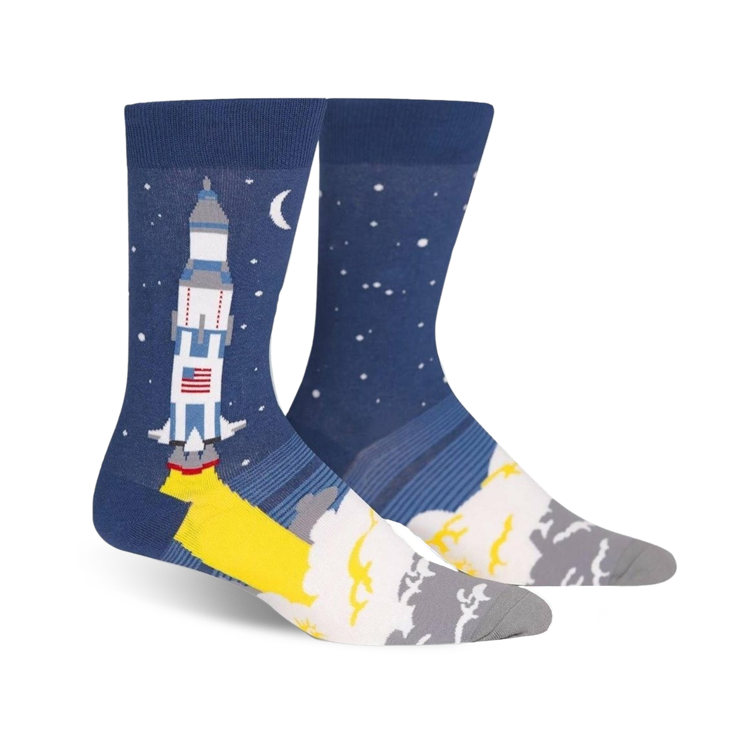 A pair of men's crew socks; one sock shows a rocket launching, the other shows a starry night sky.  Colors are navy blue, yellow, white, and gray.