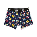 Navy blue men's boxer briefs with a repeating pattern of colorful cats wearing wrestling masks.