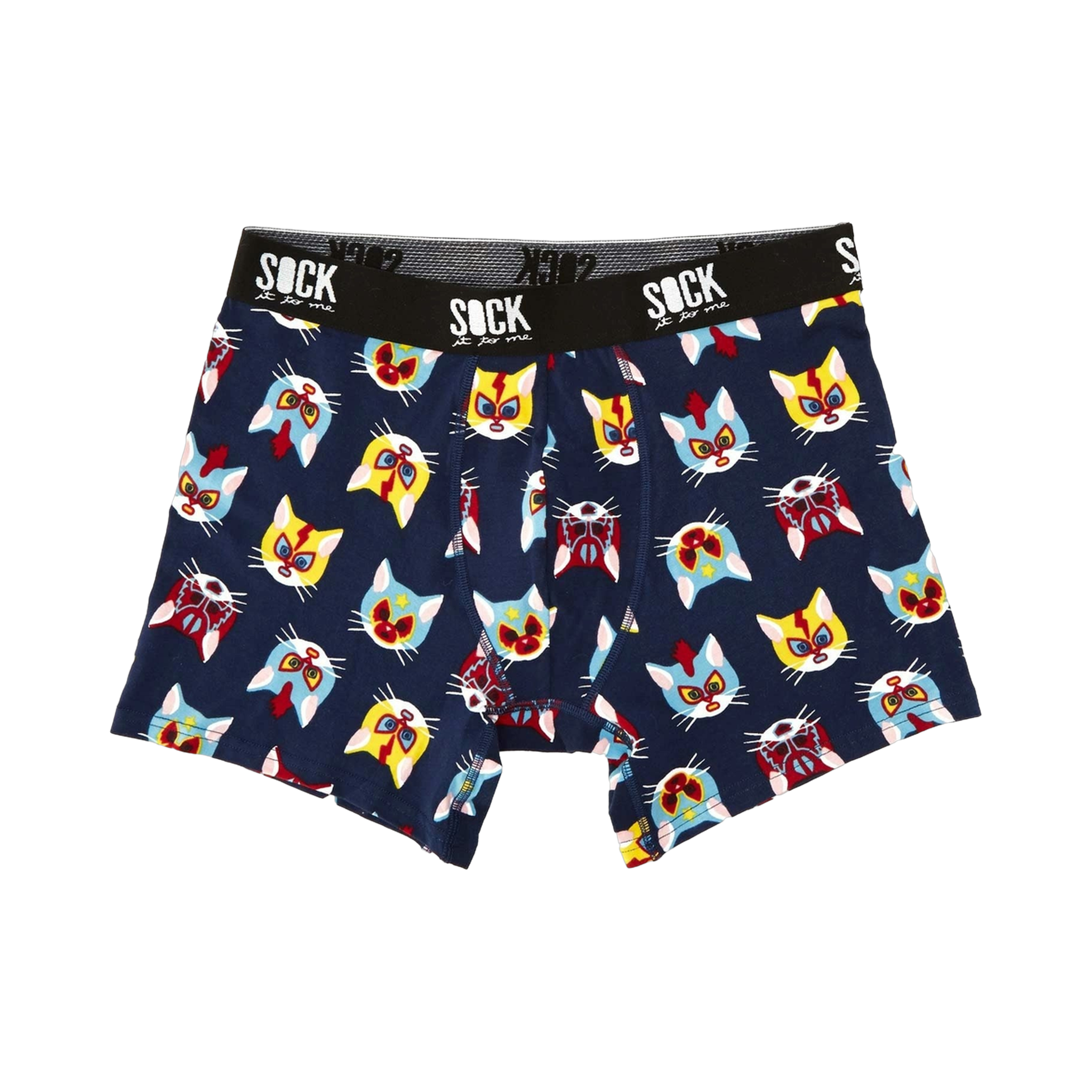 Navy blue men's boxer briefs with a repeating pattern of colorful cats wearing wrestling masks.