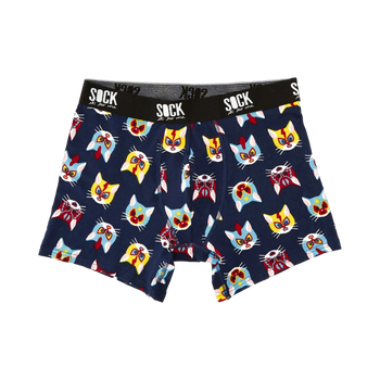 Navy blue men's boxer briefs with a repeating pattern of colorful cats wearing wrestling masks.