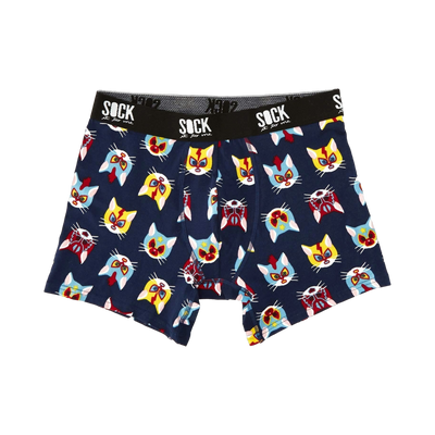 Navy blue men's boxer briefs with a repeating pattern of colorful cats wearing wrestling masks.
