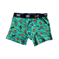 Teal men's boxer briefs with a tropical print. Design includes tiki masks, hula dancers, palm trees, and hibiscus flowers.