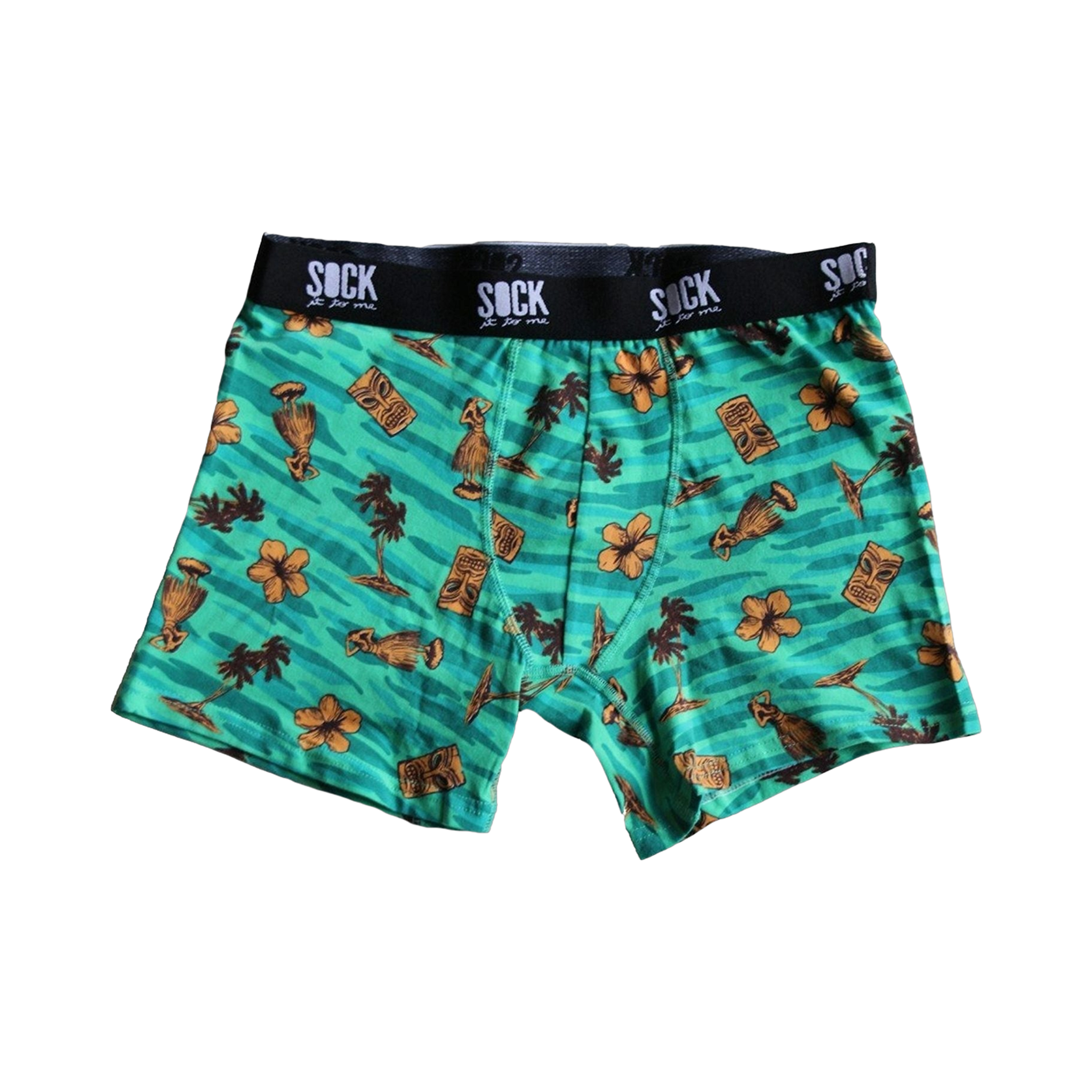 Teal men's boxer briefs with a tropical print. Design includes tiki masks, hula dancers, palm trees, and hibiscus flowers.