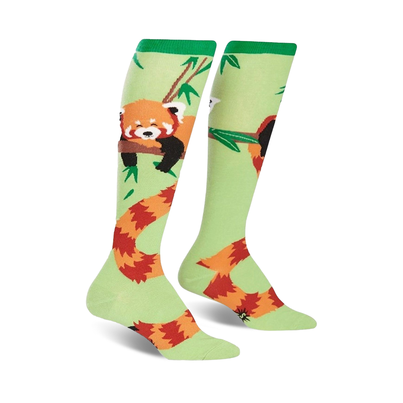 Knee-high socks in light green with a red panda design. The pandas are on bamboo branches, and their tails wrap around the socks.
