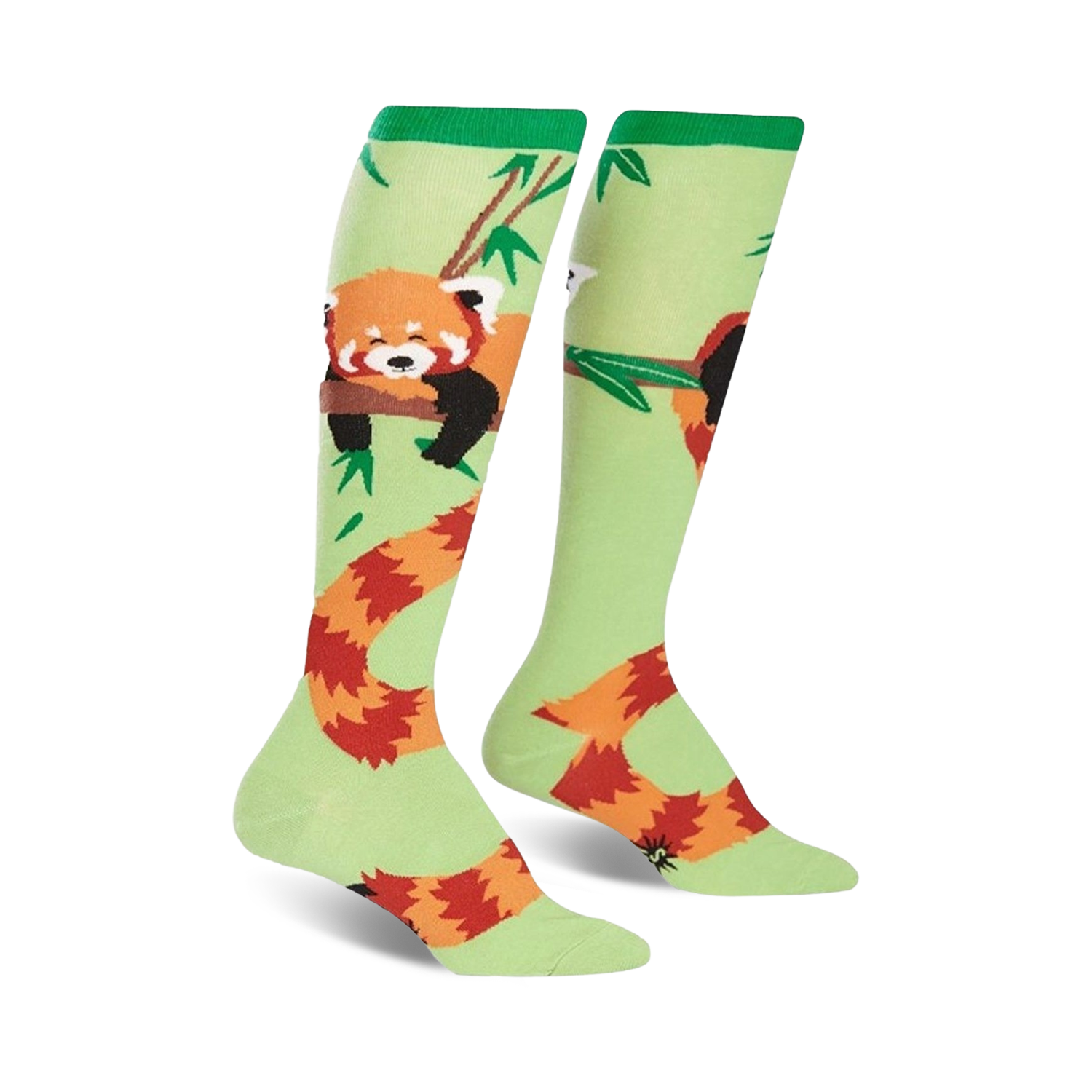 Knee-high socks in light green with a red panda design. The pandas are on bamboo branches, and their tails wrap around the socks.