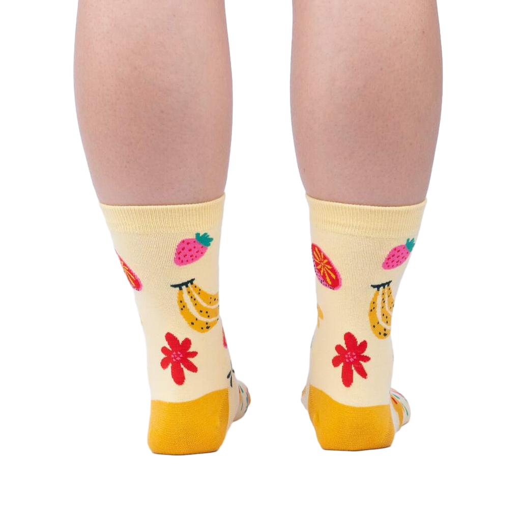 Flat lay image showing the Fruity Bloom socks from the back, highlighting the full design.