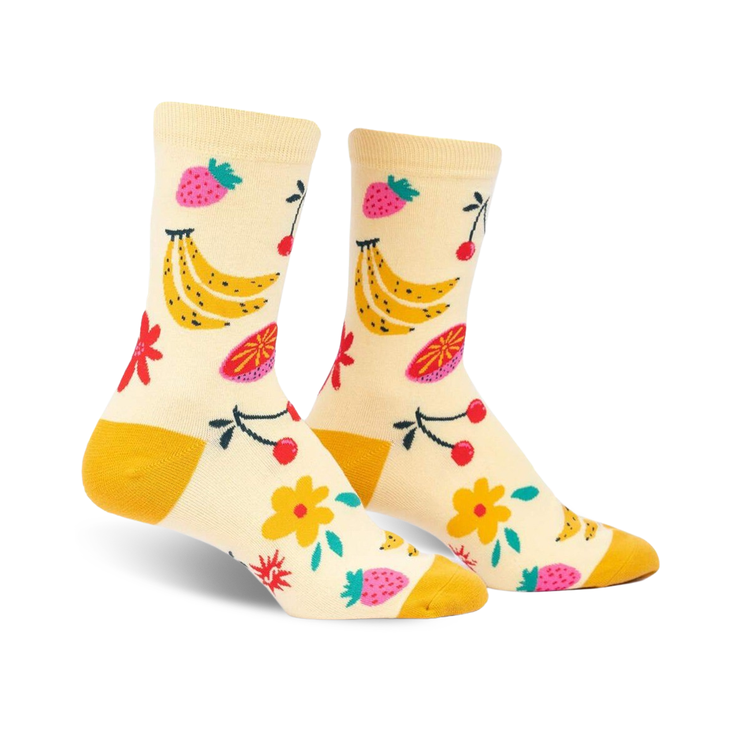 Cream crew socks with a playful fruit design. Bananas, strawberries, cherries, and flowers in yellow, pink, and red are featured on a light yellow background.