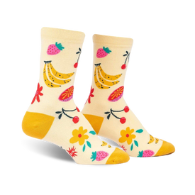 fruity bloom crew socks: bright strawberry, banana, cherry, and flower patterns on cheerful, soft women's socks.   