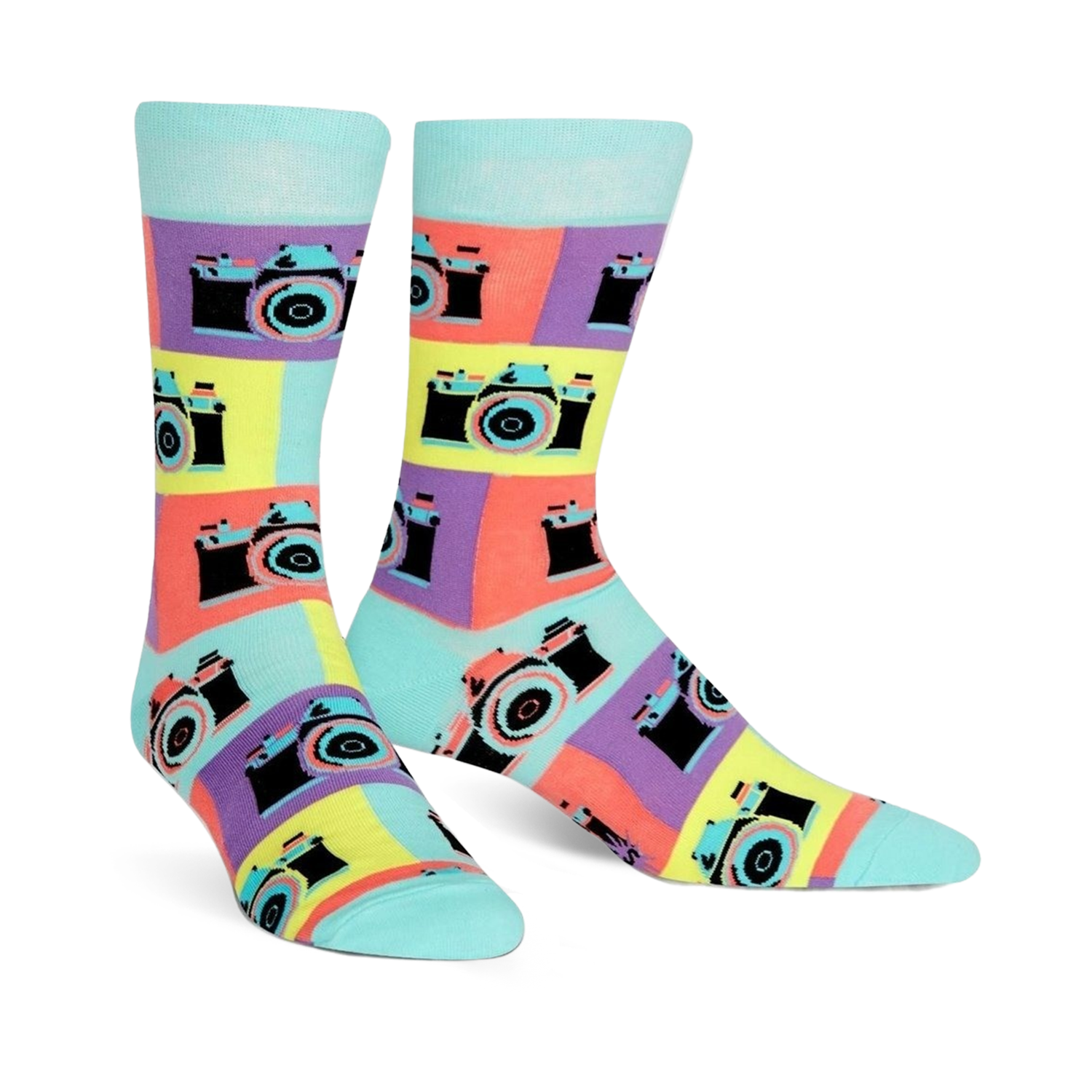 A pair of crew socks with a retro camera design. The socks are teal, purple, yellow, and orange, with black camera details.
