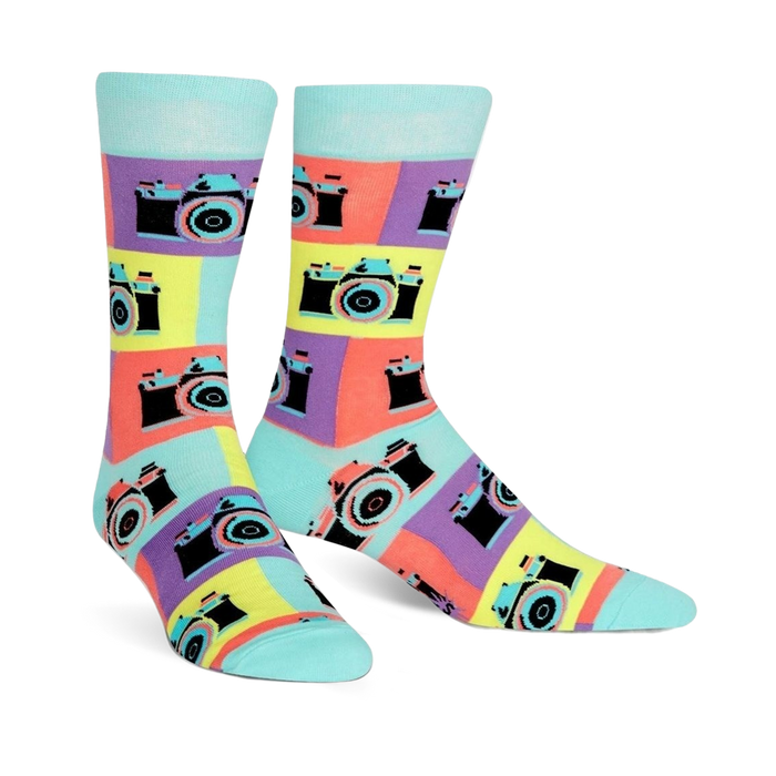 blue, pink, yellow, and orange crew socks with black camera pattern for men.    }}