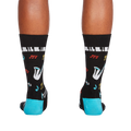 Rear view of the 'All That Jazz' socks, showcasing the design on the back of the socks and the teal cuff.