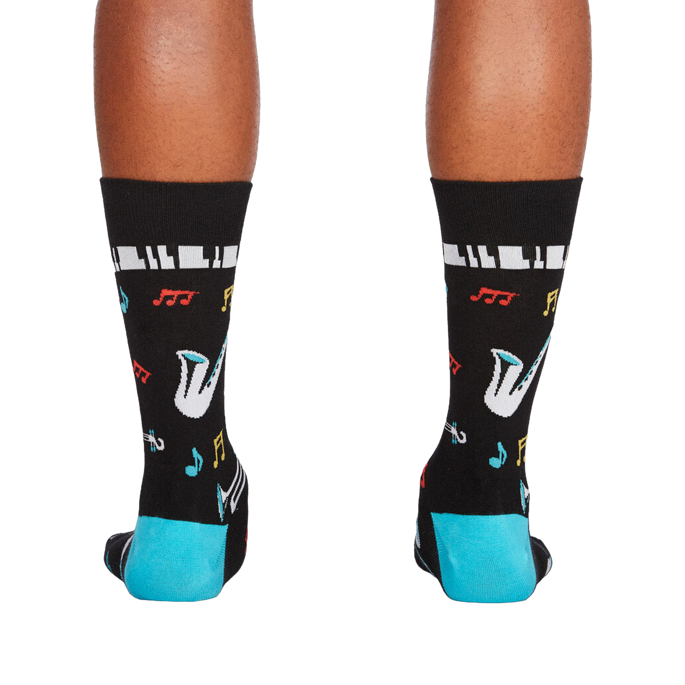 Rear view of the 'All That Jazz' socks, showcasing the design on the back of the socks and the teal cuff.