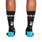Rear view of the 'All That Jazz' socks, showcasing the design on the back of the socks and the teal cuff.
