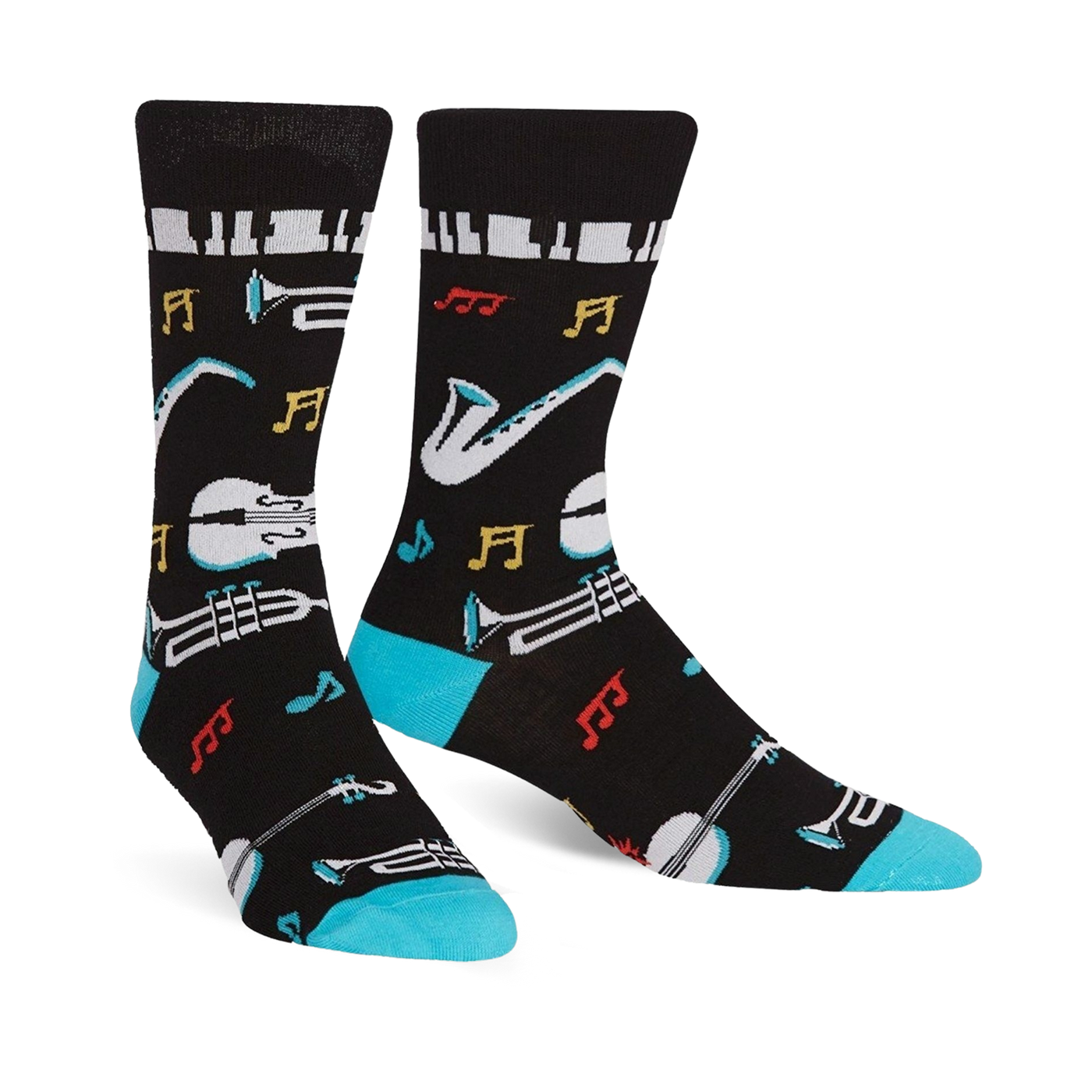 Pair of black crew socks with a jazz-themed design. Features musical instruments, notes, and piano keys, accented with teal at the cuff.