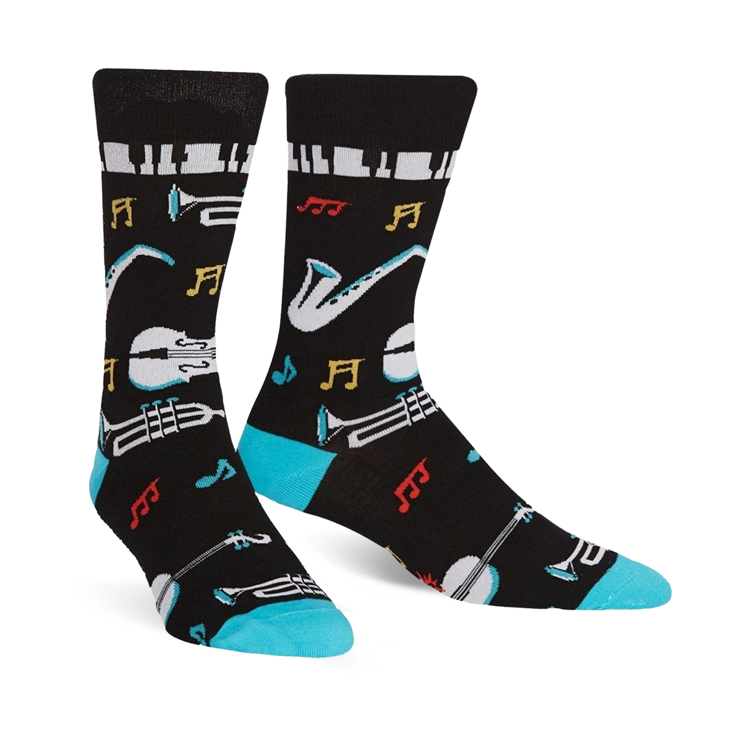 Pair of black crew socks with a jazz-themed design. Features musical instruments, notes, and piano keys, accented with teal at the cuff.