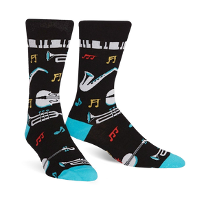 black crew socks with colorful musical instruments and notes: all that jazz men's socks  