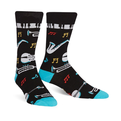 black crew socks with colorful musical instruments and notes: all that jazz men's socks  