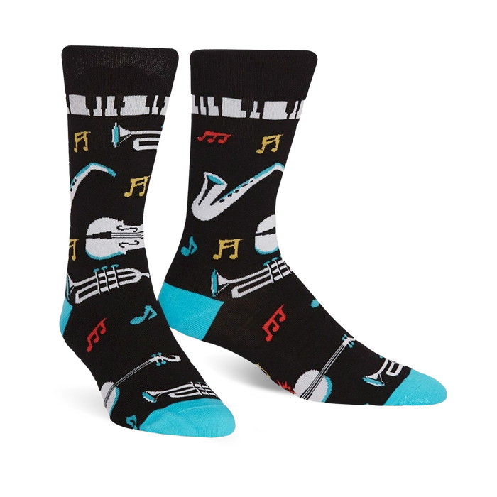 black crew socks with colorful musical instruments and notes: all that jazz men's socks  