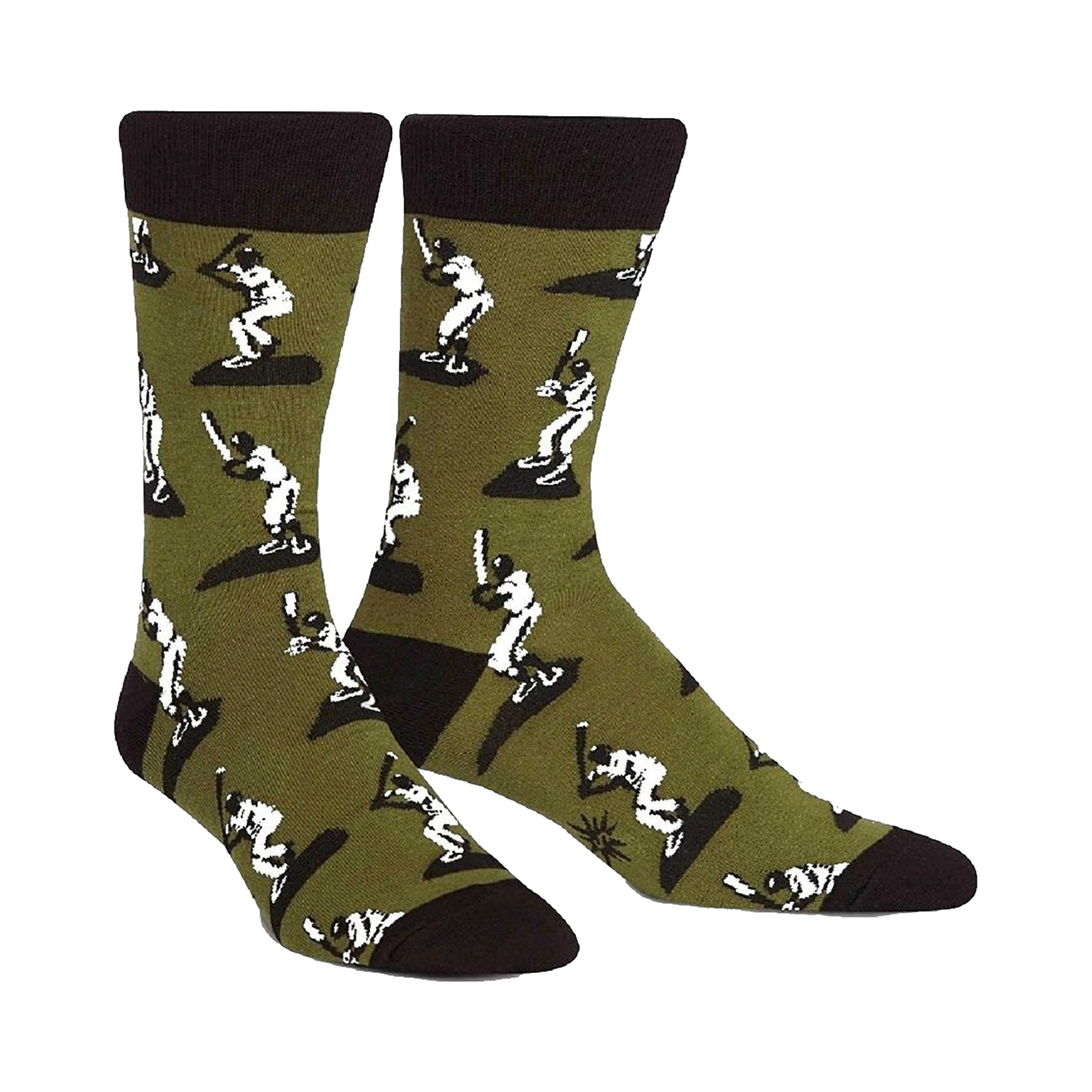 A pair of men's crew socks in olive green with a repeating pattern of white baseball players batting. The socks have black cuffs.
