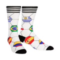 A pair of crew socks with a white soccer ball design.  National flags from various countries are featured in the hexagons. Black and white stripes at the top.