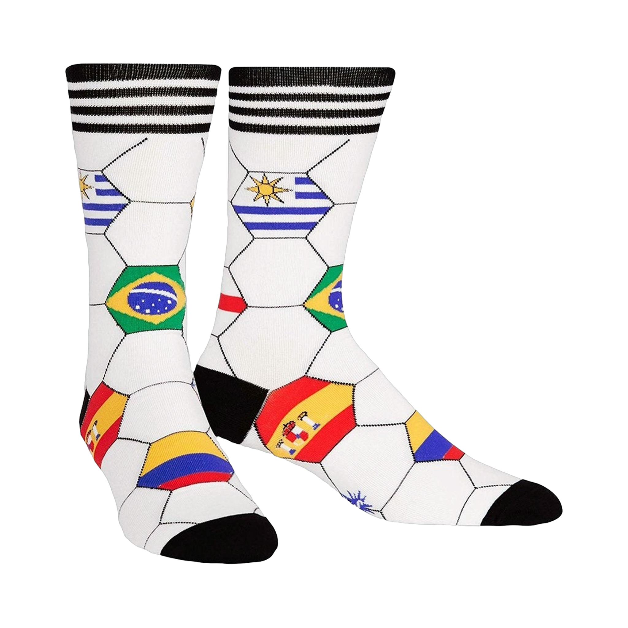 A pair of crew socks with a white soccer ball design.  National flags from various countries are featured in the hexagons. Black and white stripes at the top.
