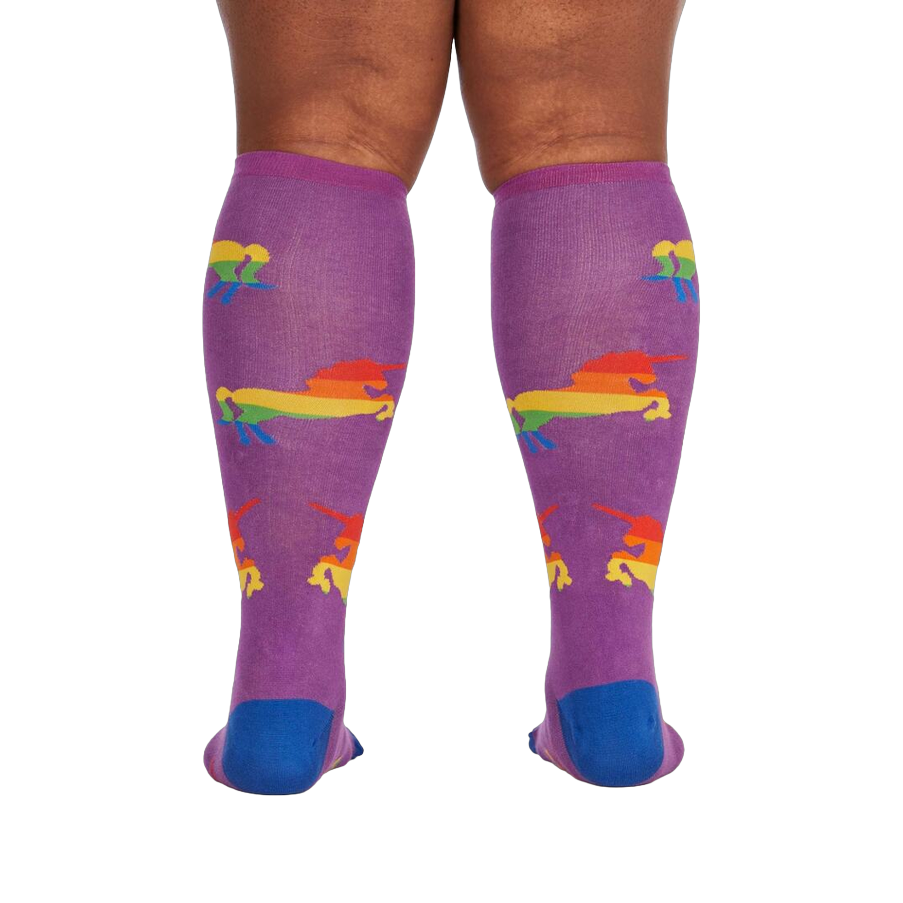 Back view of the socks on a person's legs; showcases the sock's full design and fit.