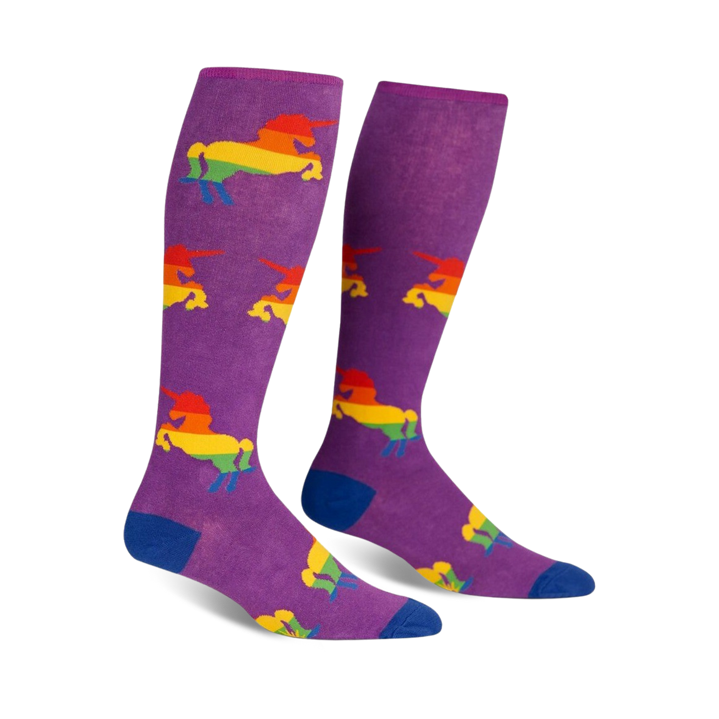 Pair of purple knee-high socks with rainbow unicorn designs.  Blue cuffs.