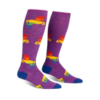 Pair of purple knee-high socks with rainbow unicorn designs.  Blue cuffs.