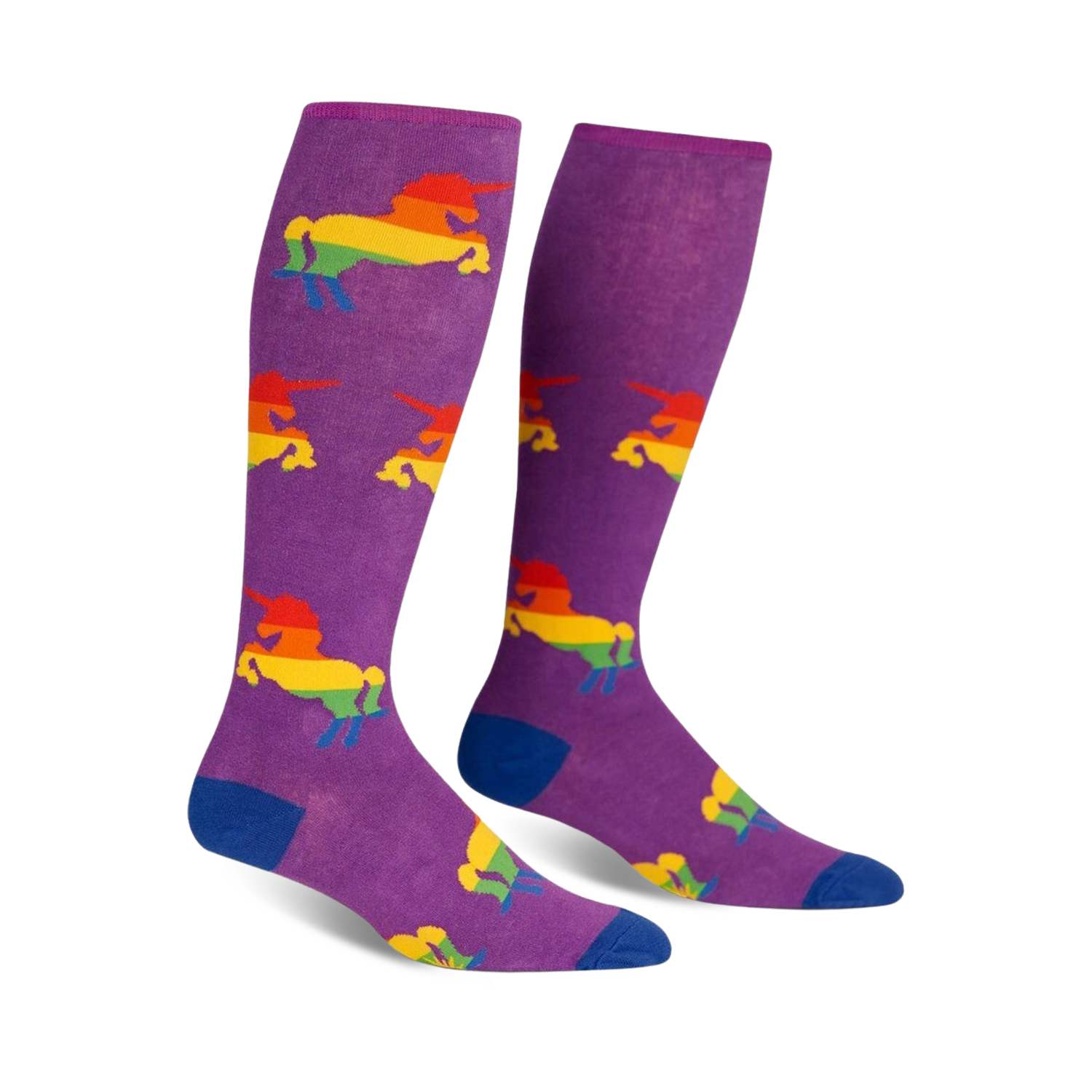 Pair of purple knee-high socks with rainbow unicorn designs.  Blue cuffs.