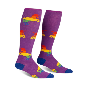purple knee-high wide-calf unisex socks with colorful unicorn pattern. pride and fabulous.  