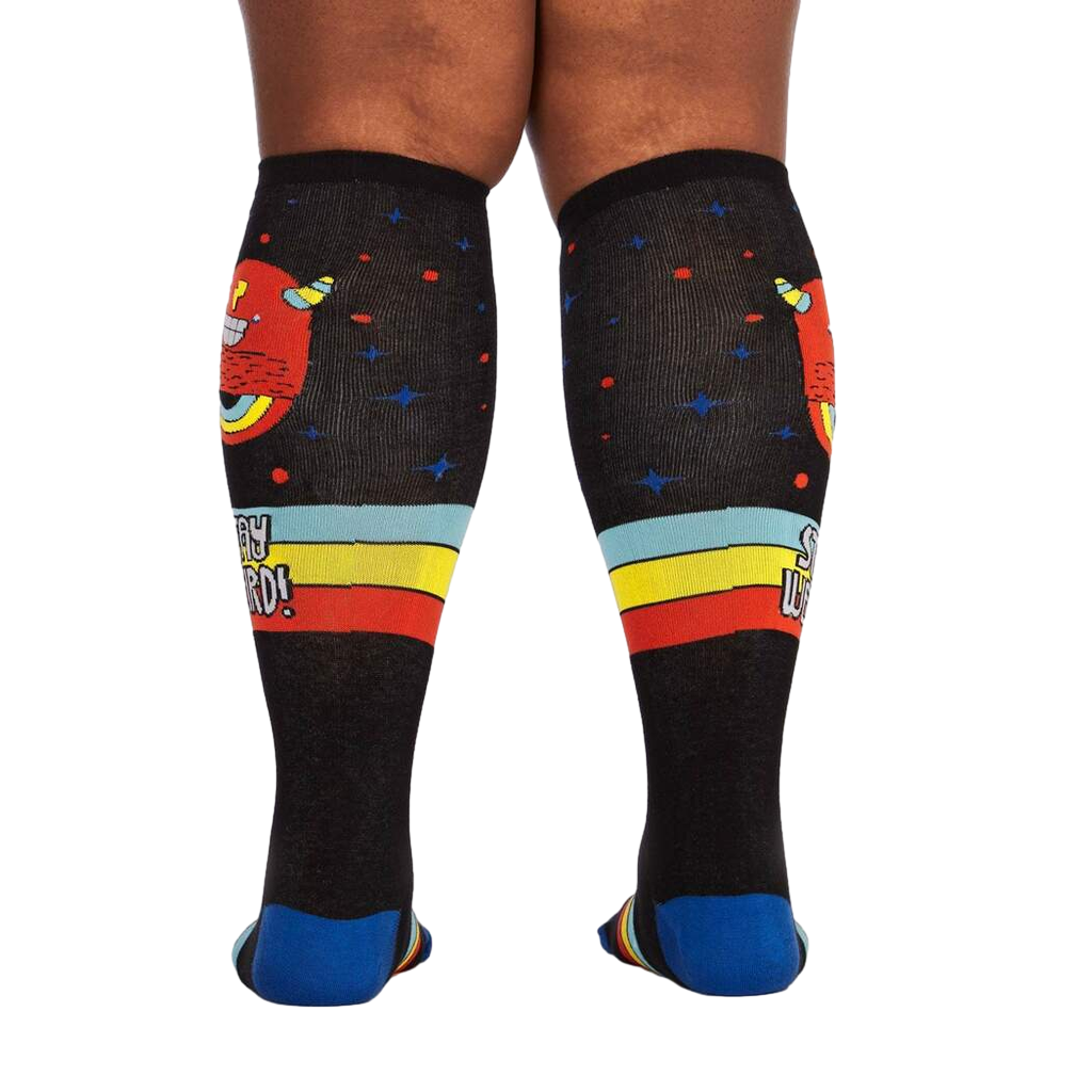 Back view of the 'Stay Weird!' knee-high socks, highlighting the full design and color details on the back.