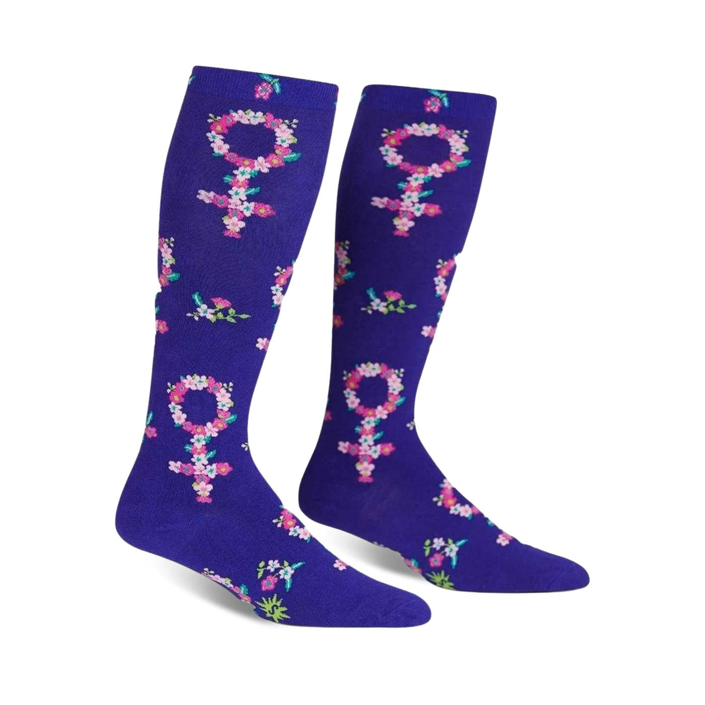 Pair of purple knee-high socks.  The socks are adorned with pink and white floral Venus symbols on a rich purple background.