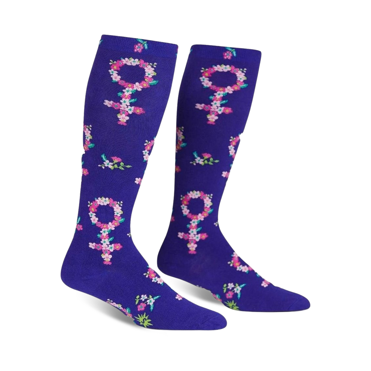 Pair of purple knee-high socks.  The socks are adorned with pink and white floral Venus symbols on a rich purple background.