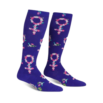 knee-high wide calf purple socks with pink, yellow, and white flowers shaped as the female gender symbol.  