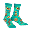 Crew socks in teal, adorned with orange hibiscus flowers, hula dancers, tiki masks, and palm trees. A fun, tropical design.