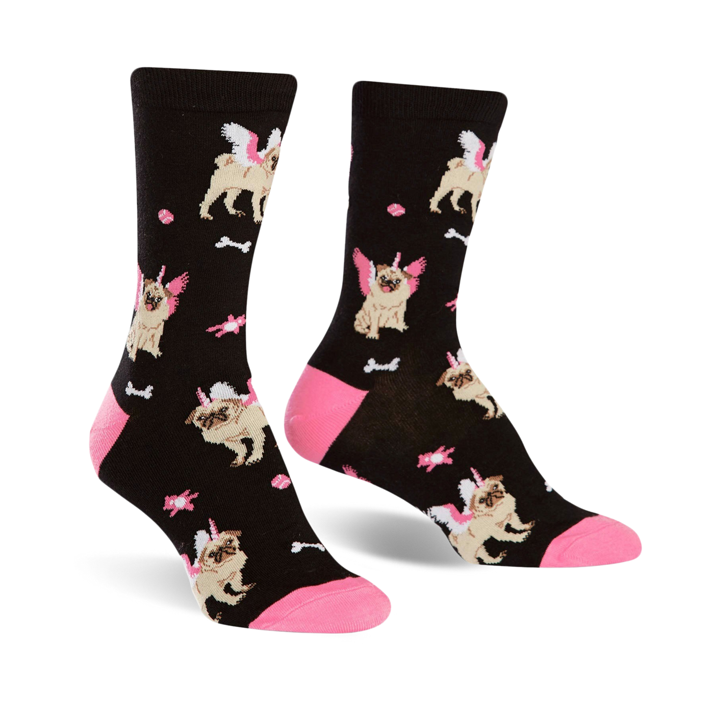 Pair of black crew socks with a fun pattern of pugs wearing unicorn horns and wings. Pink accents on the cuffs and small pink bone details.