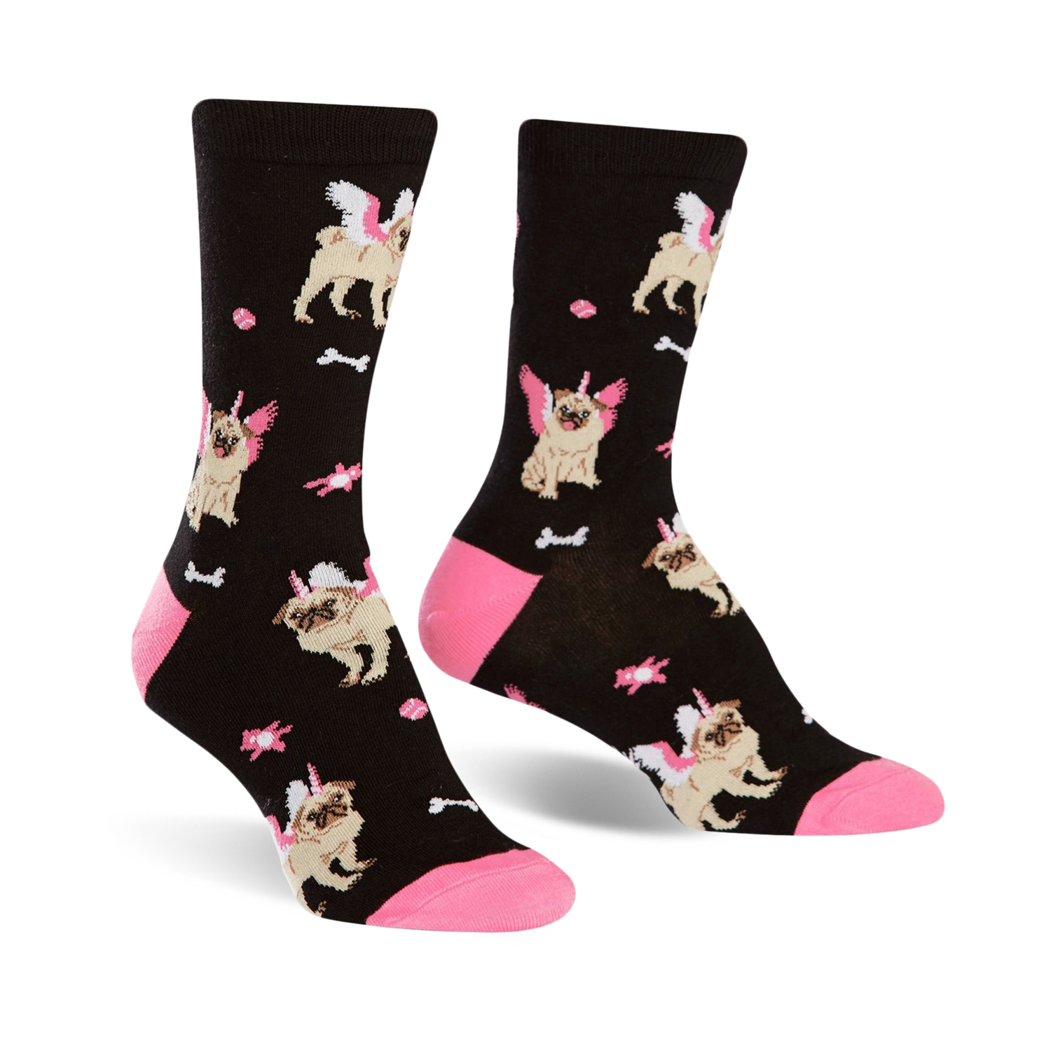Pair of black crew socks with a fun pattern of pugs wearing unicorn horns and wings. Pink accents on the cuffs and small pink bone details.