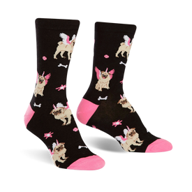 black crew socks with pink and white pug dogs wearing unicorn horns and wings, bones, and stars. pink toes and heels.   