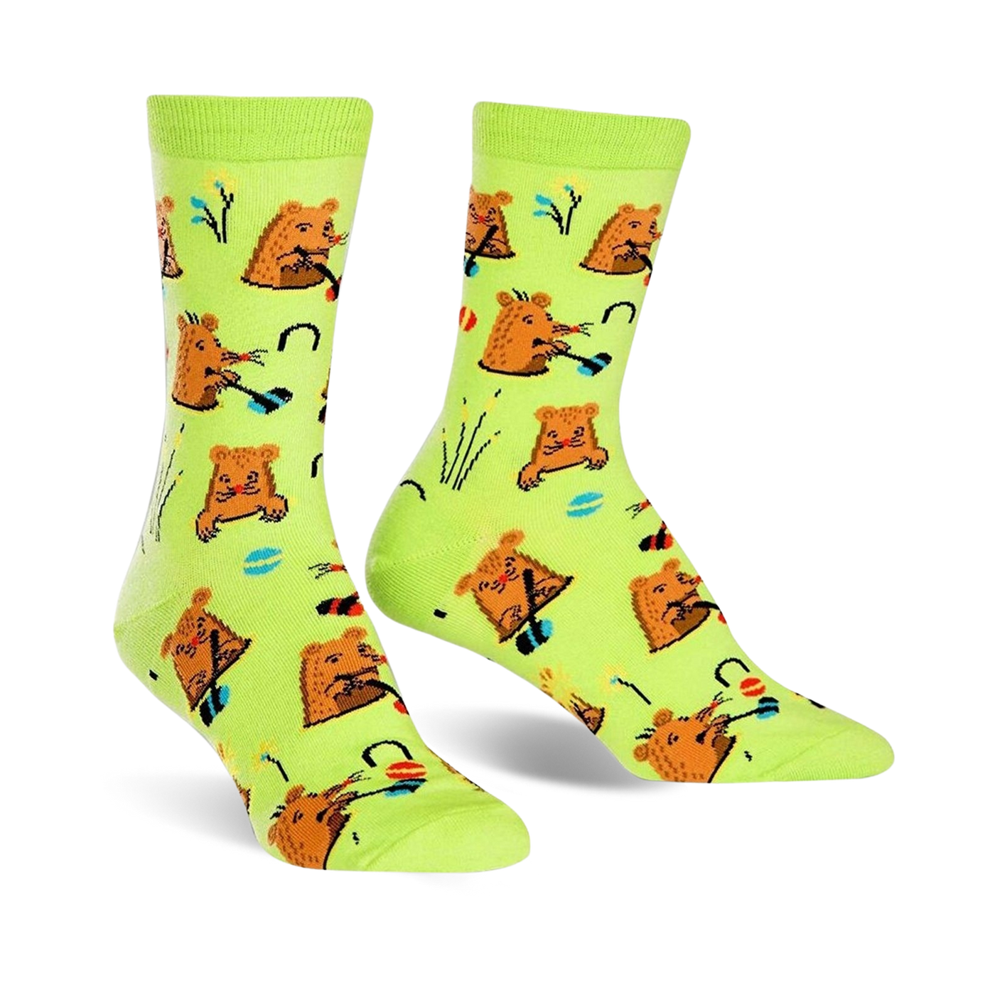 Lime green crew socks with a repeating pattern of brown moles playing golf.  Fun and quirky design!