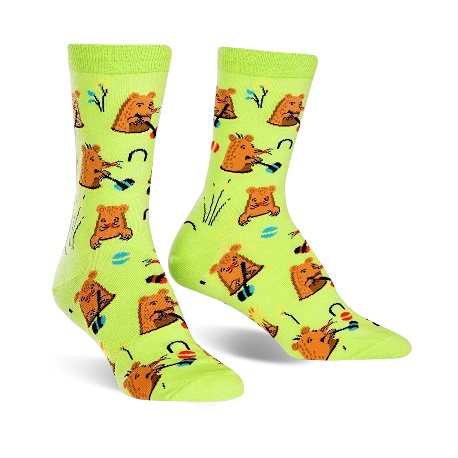 Lime green crew socks with a repeating pattern of brown moles playing golf.  Fun and quirky design!