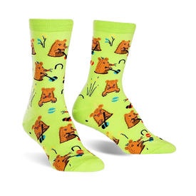 green crew socks feature a pattern of brown moles playing whack-a-mole in red, yellow, and blue hats, with flowers and grass.  
