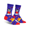 A pair of women's crew socks in purple, red, and yellow. The design features a cute cat in a red dress and other dress-themed elements.