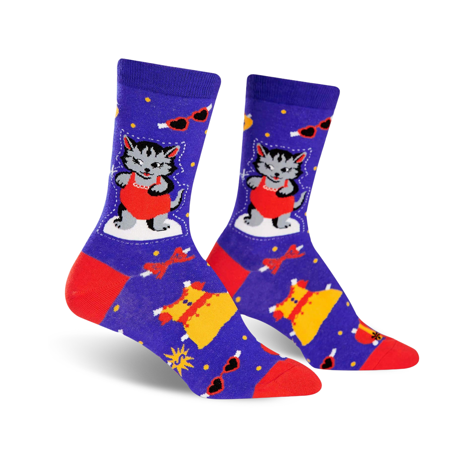 A pair of women's crew socks in purple, red, and yellow. The design features a cute cat in a red dress and other dress-themed elements.
