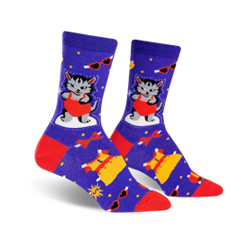 purple crew socks featuring a pattern of cartoon cats wearing red one-piece swimsuits, red bow ties, yellow dresses, and pink sunglasses.  
