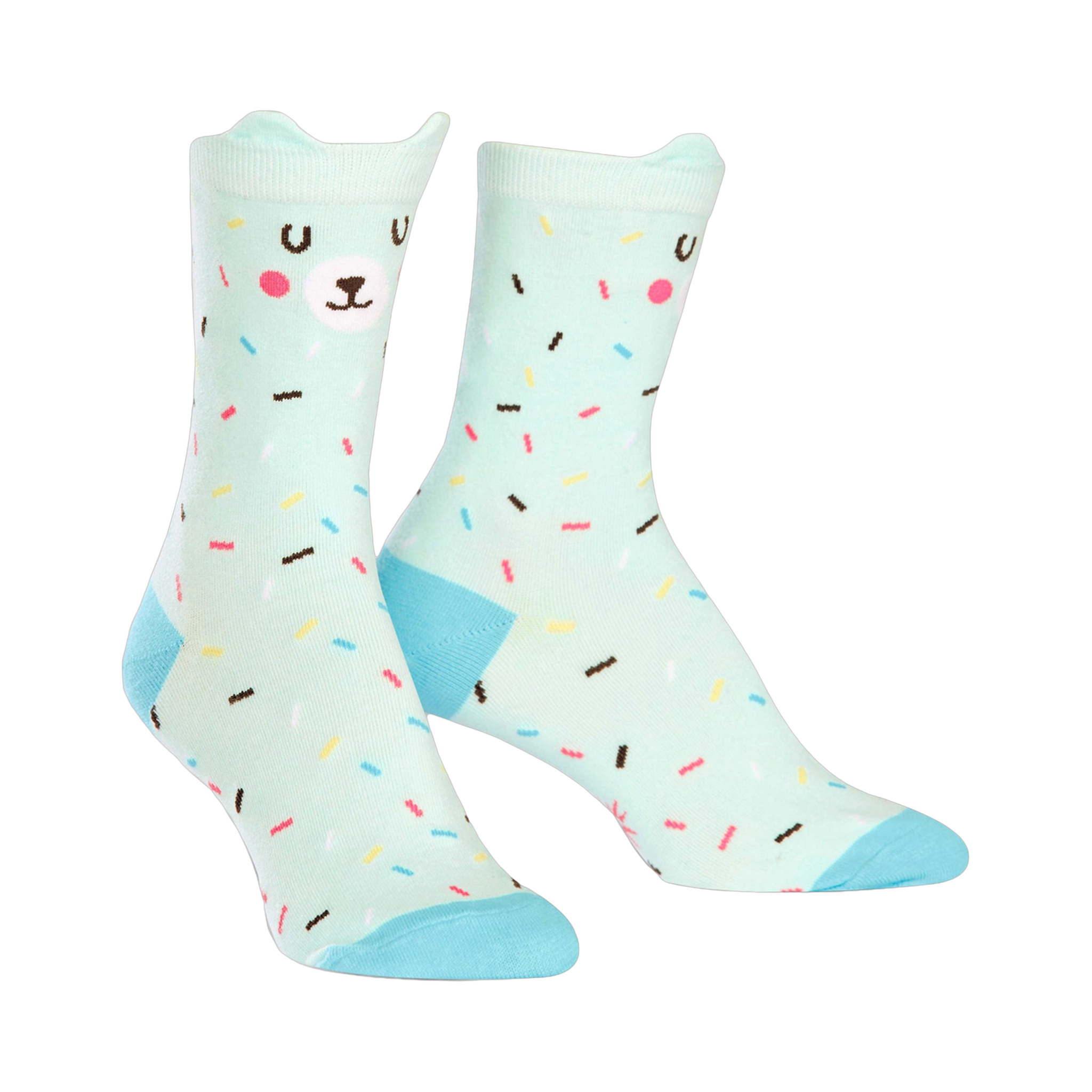 Pair of mint green crew socks with a cute bear face and colorful sprinkles design. Light blue heel and toe.