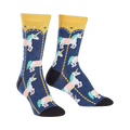 Crew socks in navy blue with a pattern of white unicorns riding a gold carousel. Yellow cuffs and pink, green details.
