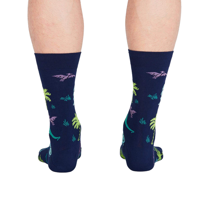 Rear view of the socks on a person's feet, highlighting the full design.