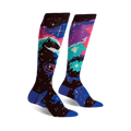 Pair of knee-high socks in black, blue, purple, and teal.  The socks feature a nebula design with a horsehead silhouette and stars.